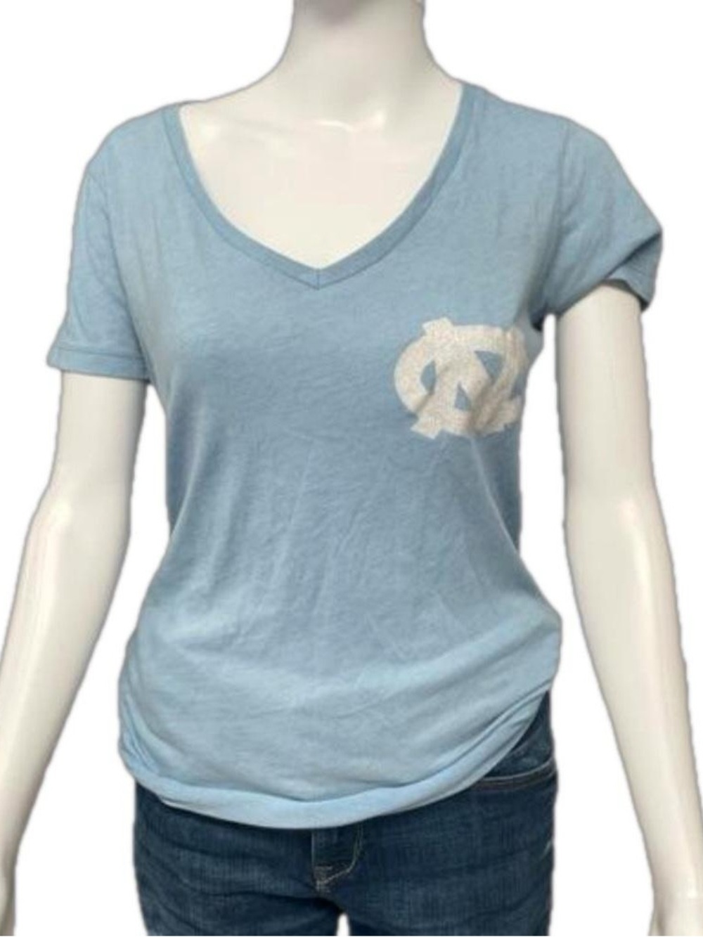 Light Blue V-Neck Short Sleeve Tee with Monogram Detail